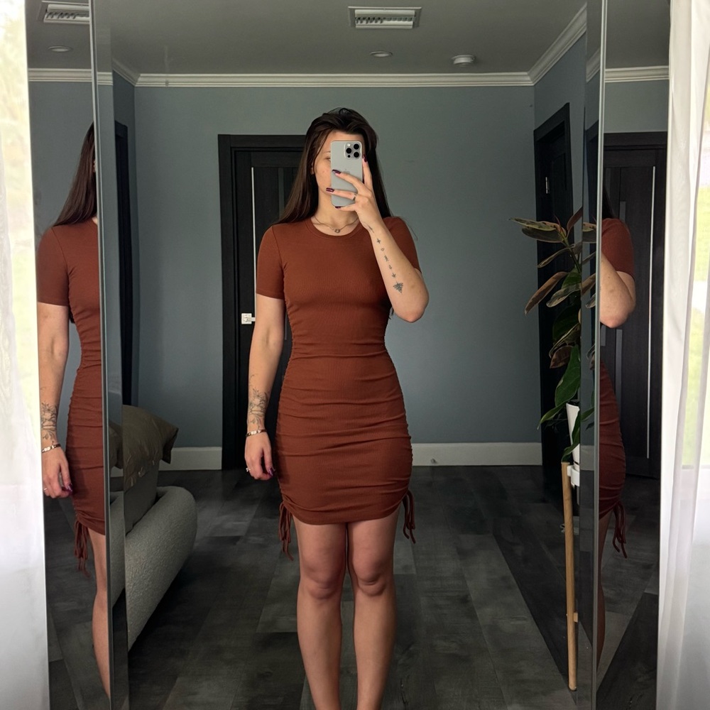 Zara Brown Ruched Bodycon Mini Dress